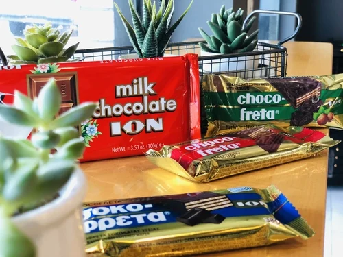 Ion milk chocolate and Choco Freta bars, Greek chocolates, beside succulents